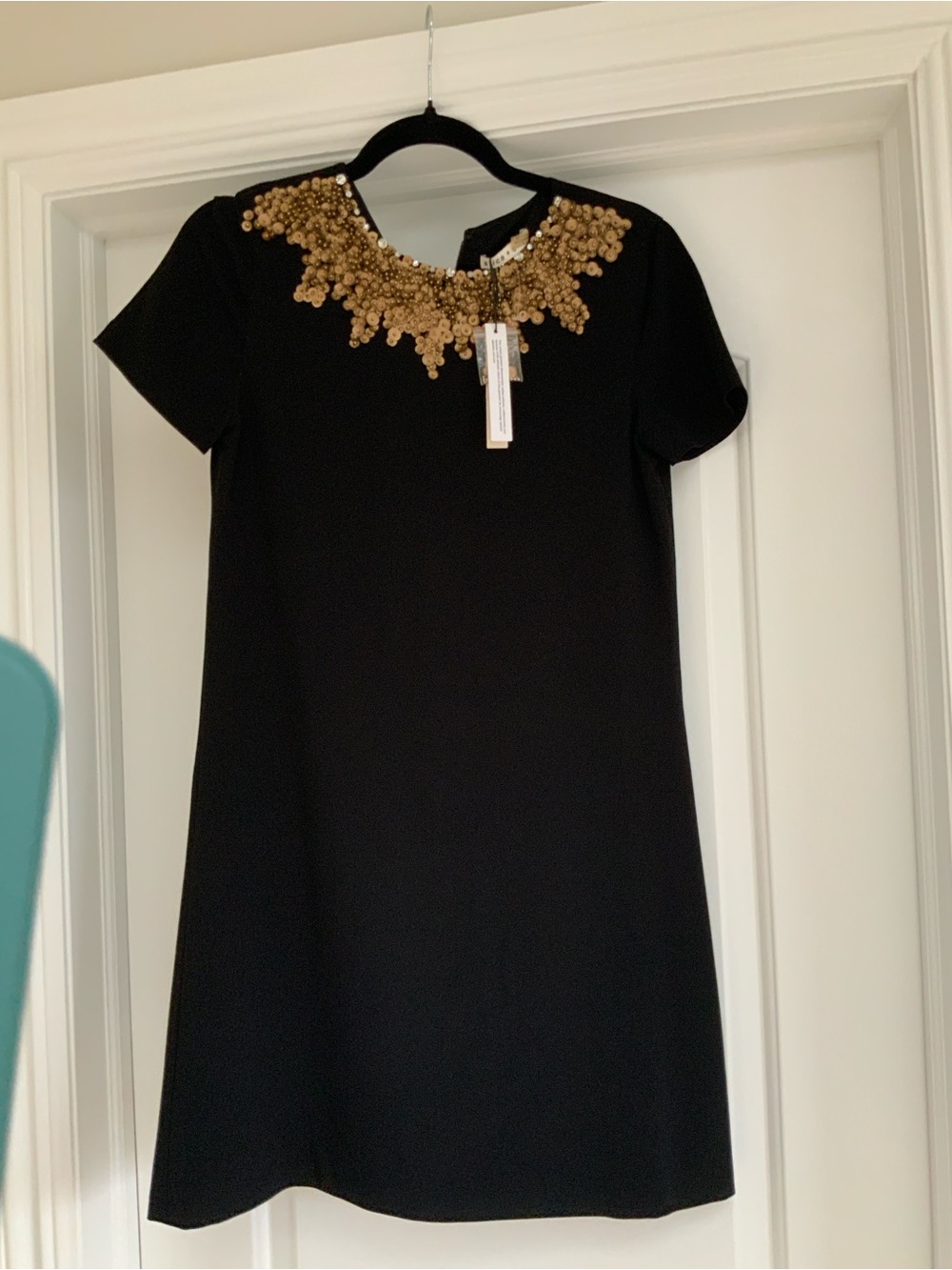 Black Short-Sleeve Dress with Gold Beaded Neckline